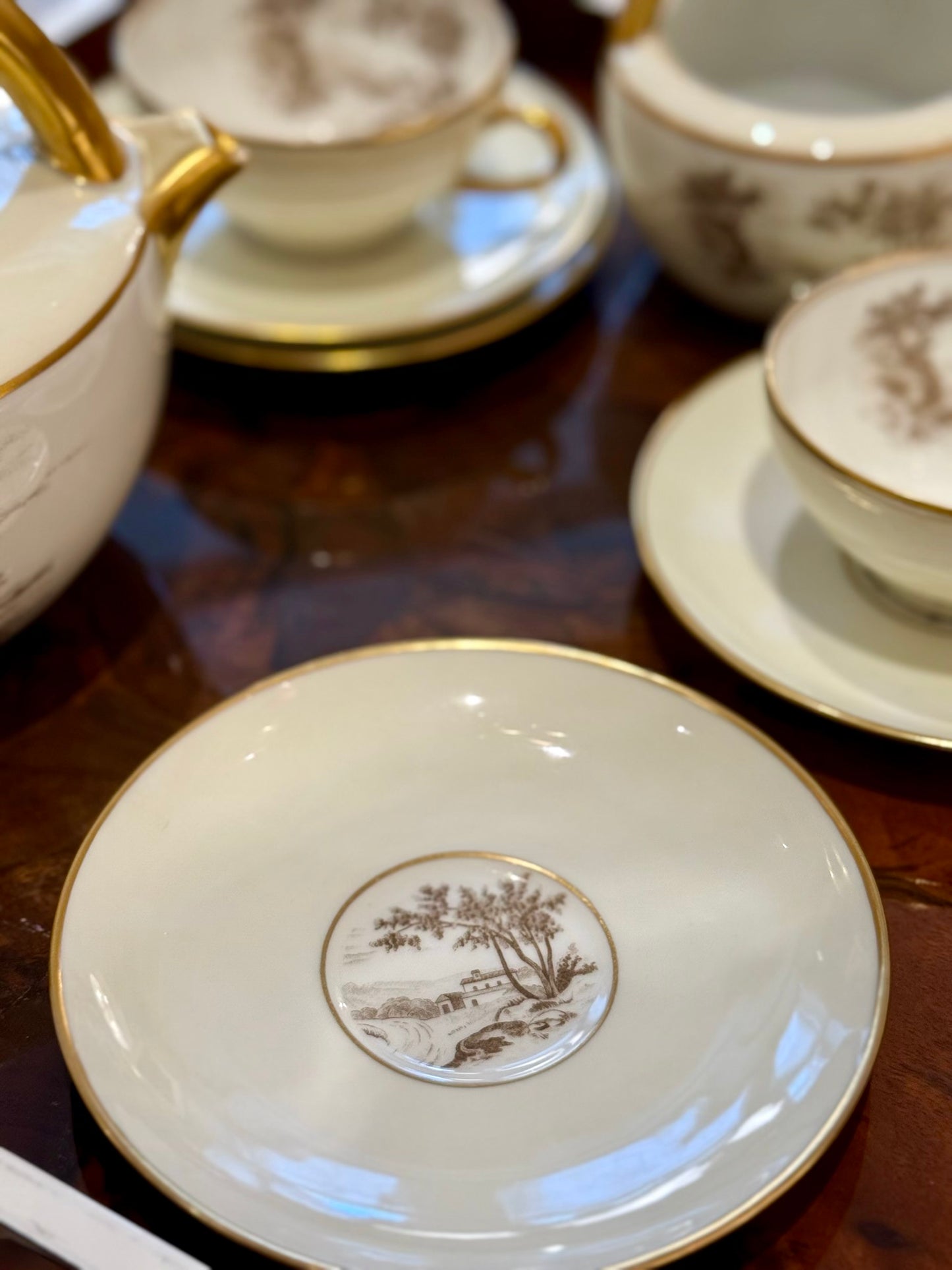 Limoges Porcelain Tea Set with Landscape Scenes, circa 1950