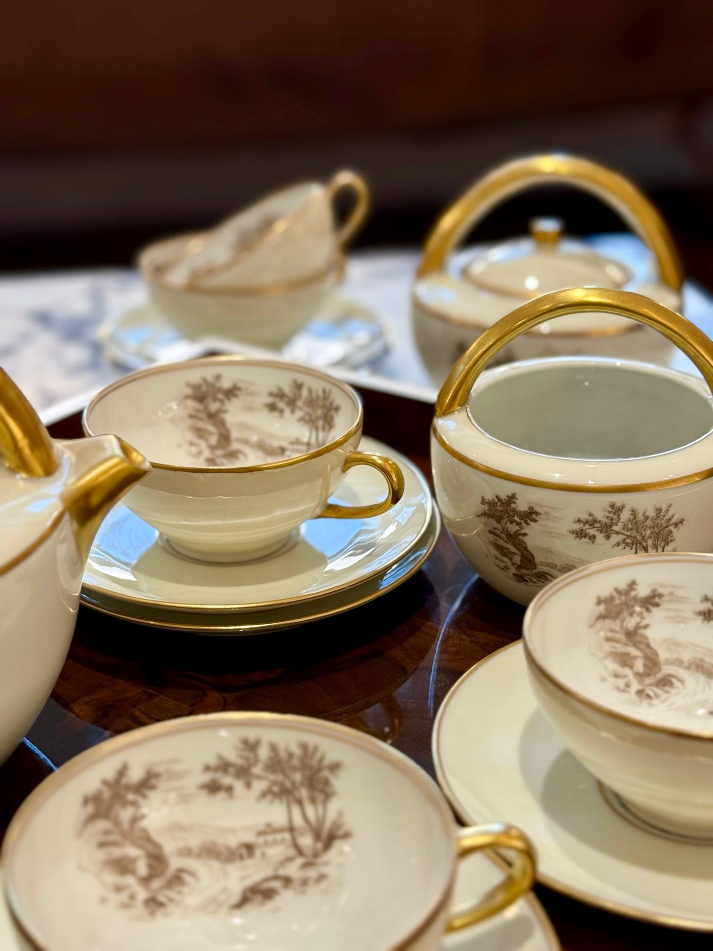 Limoges Porcelain Tea Set with Landscape Scenes, circa 1950