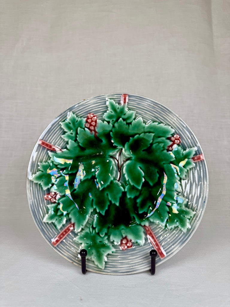 Set of 6 French Barbotine Majolica Plates with Grape and Leaf Motif, 1920s