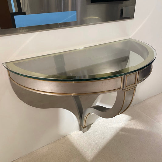 Wall-Mounted Console in Stainless Steel and Brass with Glass Top, Maison Jansen, circa 1970s