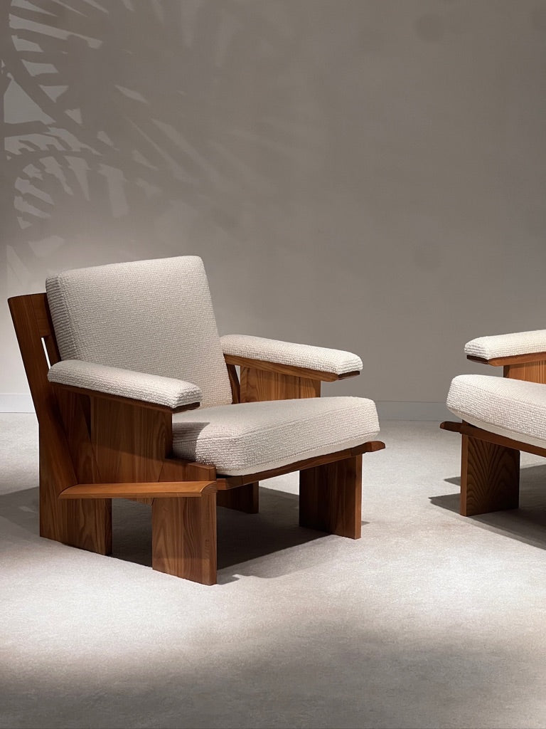 Solid Elm Wood Sofa and Pair of Armchairs, circa 1970s