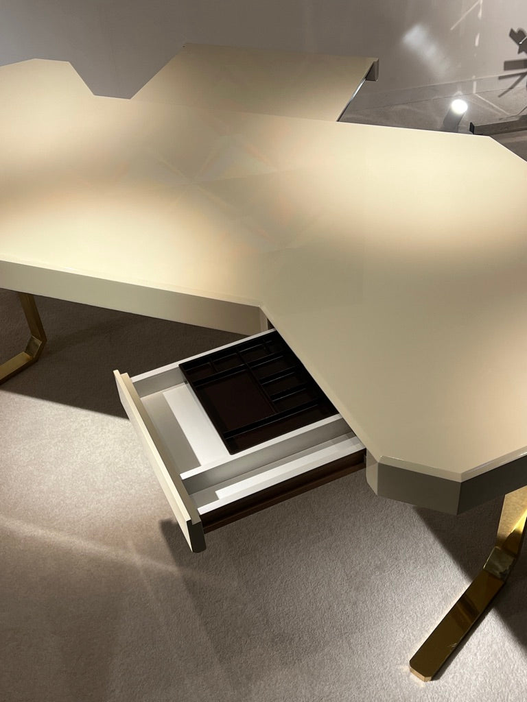 Ivory Lacquered Wood Desk with Solid Brass Base by Robert Haussmann, 1970