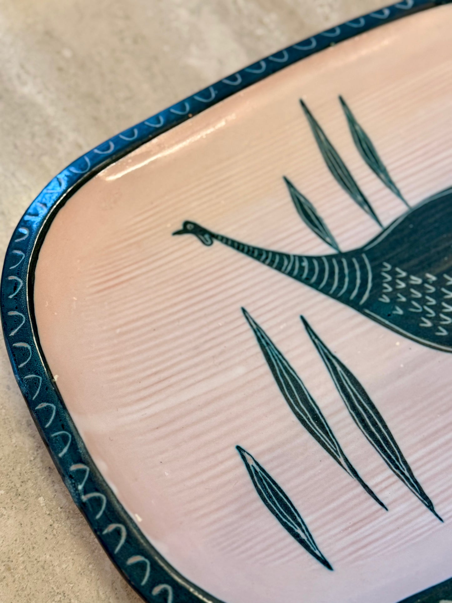 Large Rectangular Ceramic Platter with Bird Motif