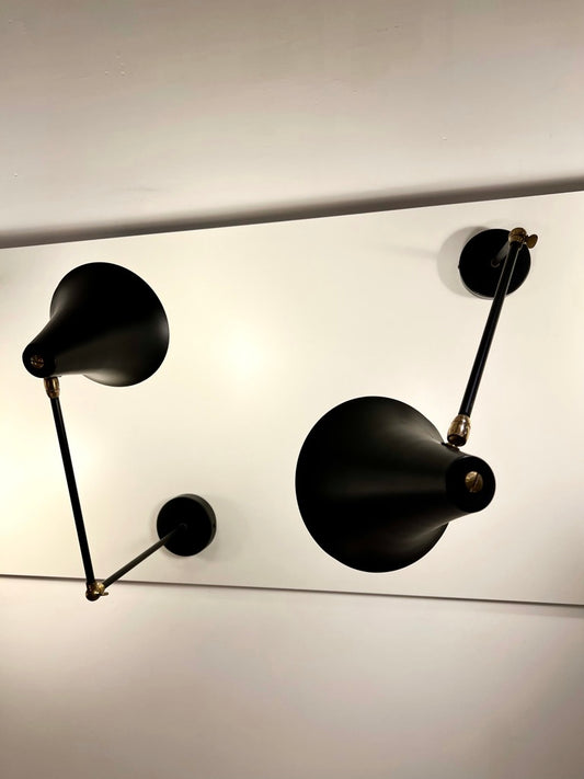 Pair of Wall Lights in Black and White Lacquered Metal and Brass, circa 1950