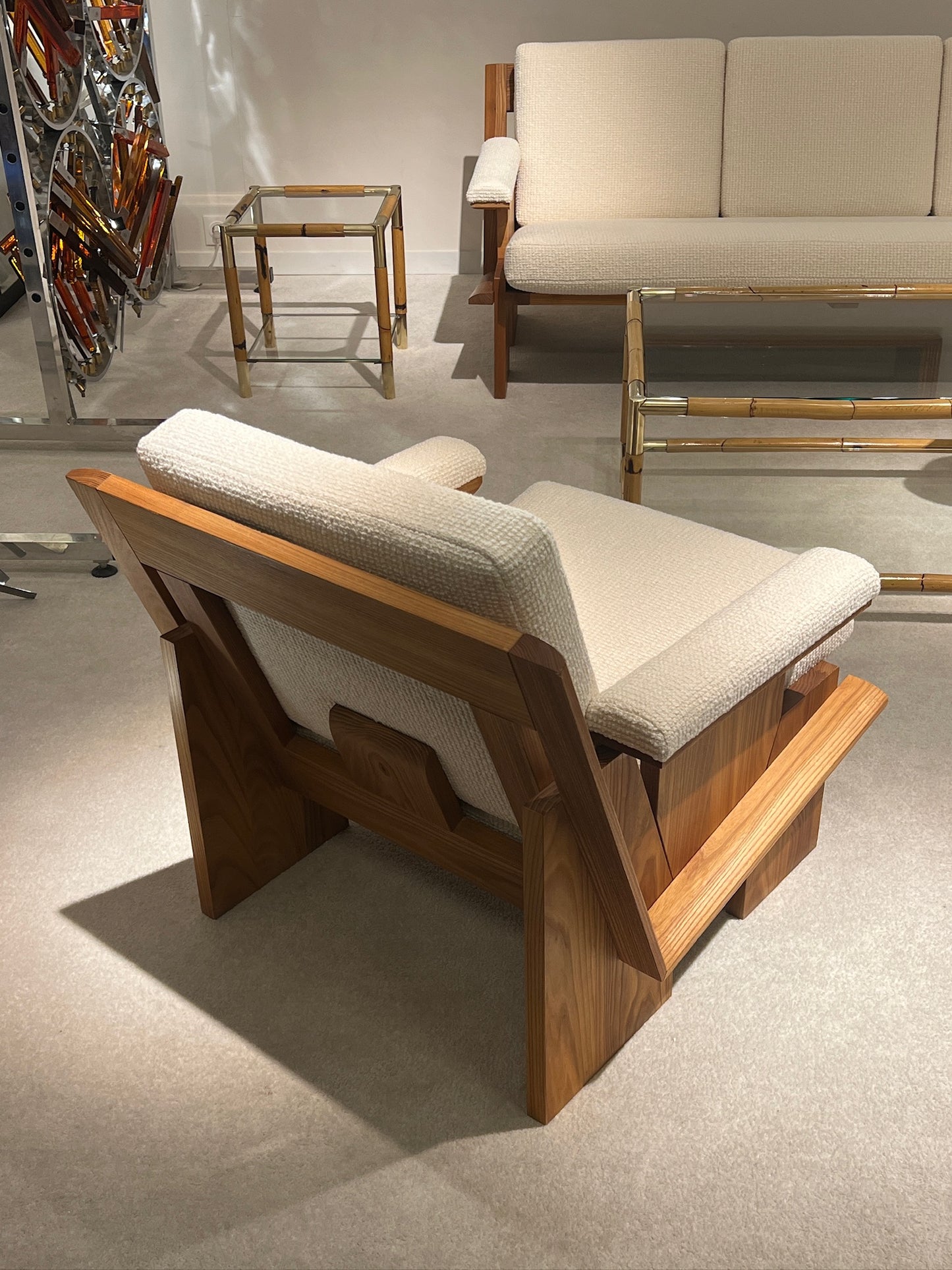 Solid Elm Wood Sofa and Pair of Armchairs, circa 1970s