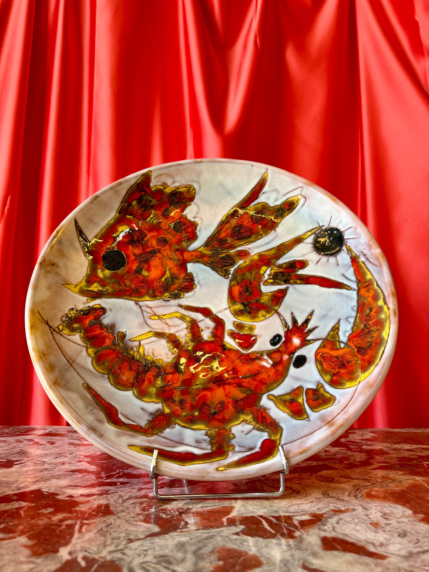 Large Hand-Painted Ceramic Platter by Monique Brunner, circa 1950s