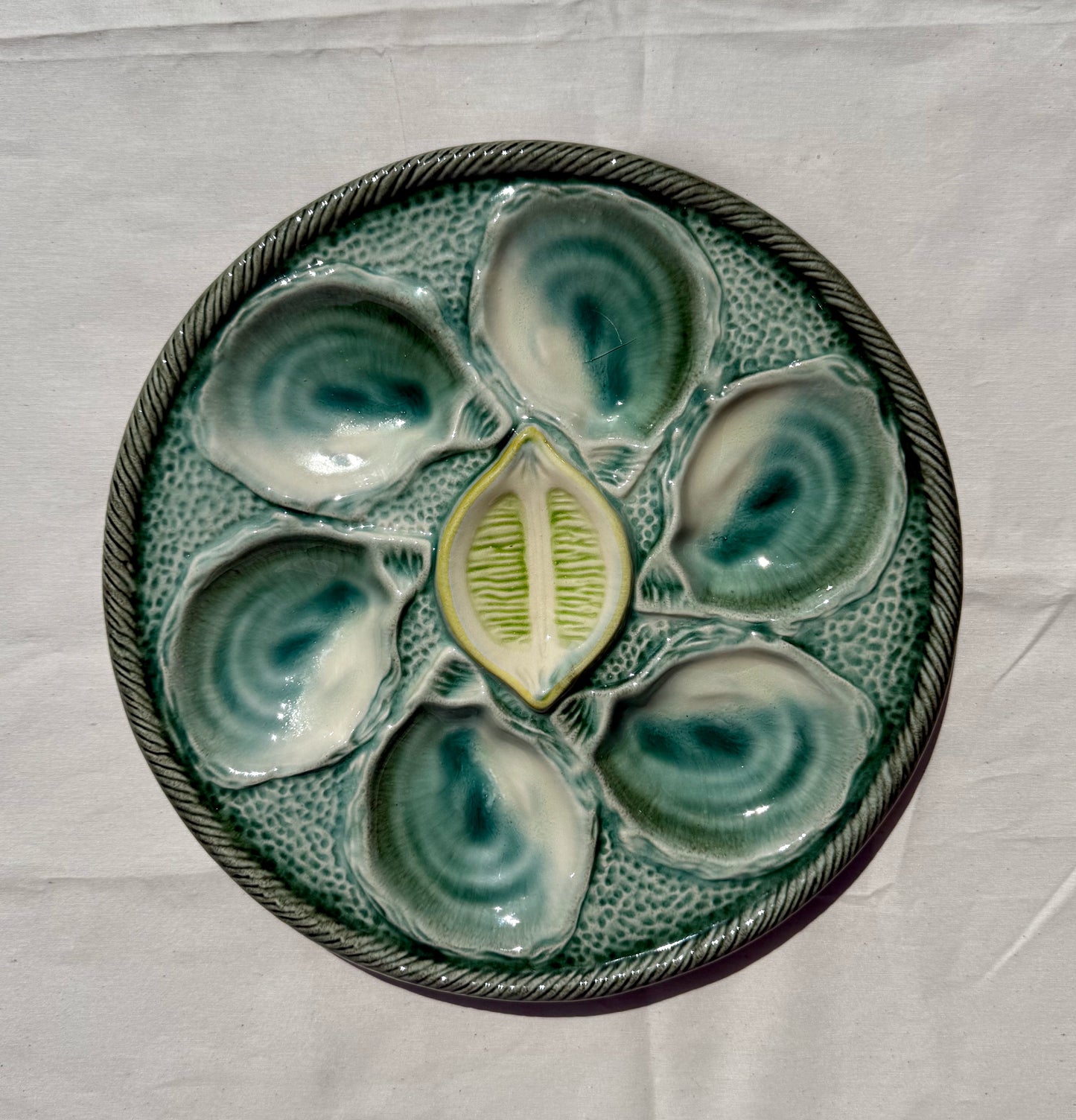 Vintage French oyster plate set, Sarreguemines, France, circa 1950