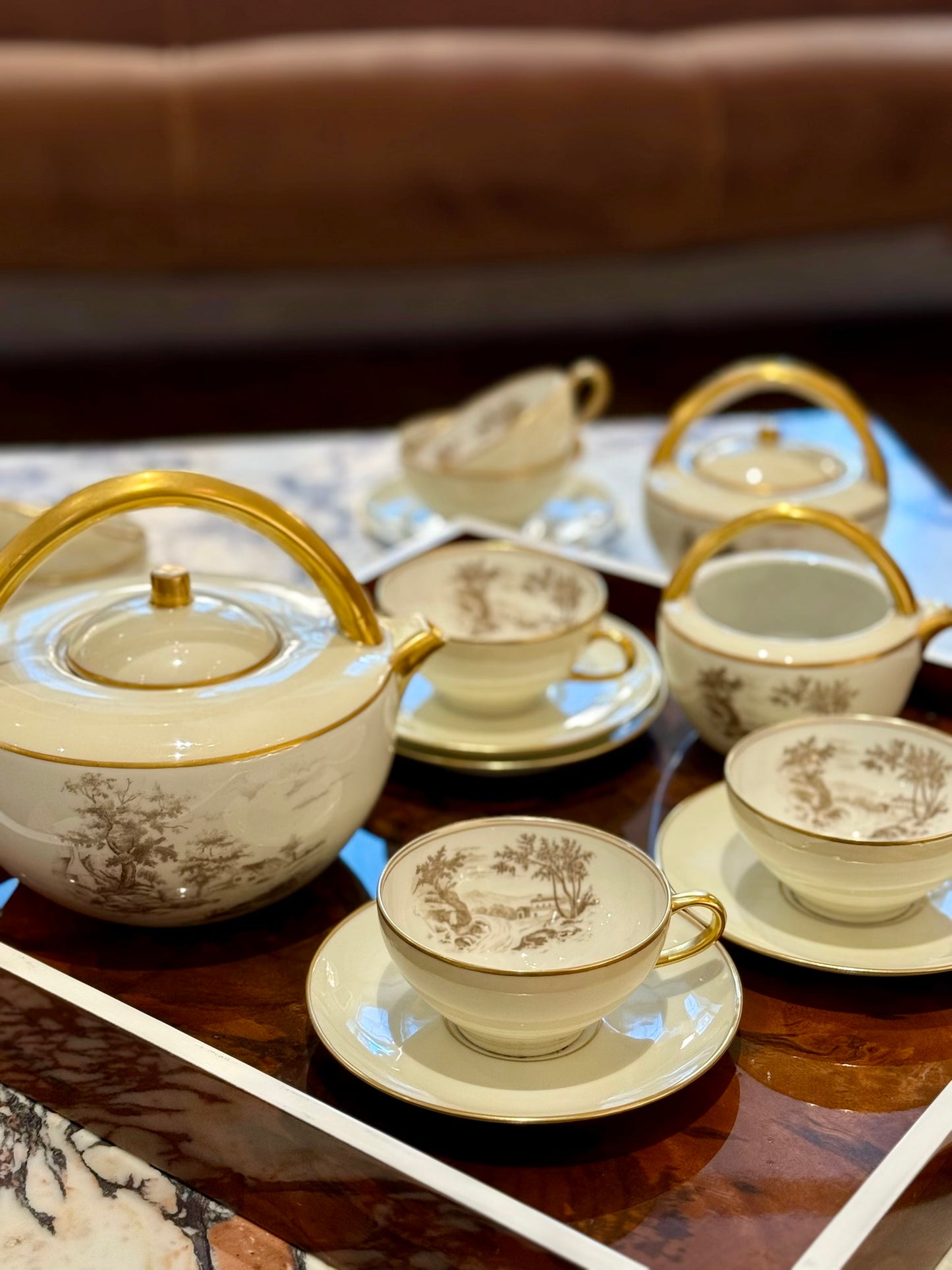 Limoges Porcelain Tea Set with Landscape Scenes, circa 1950