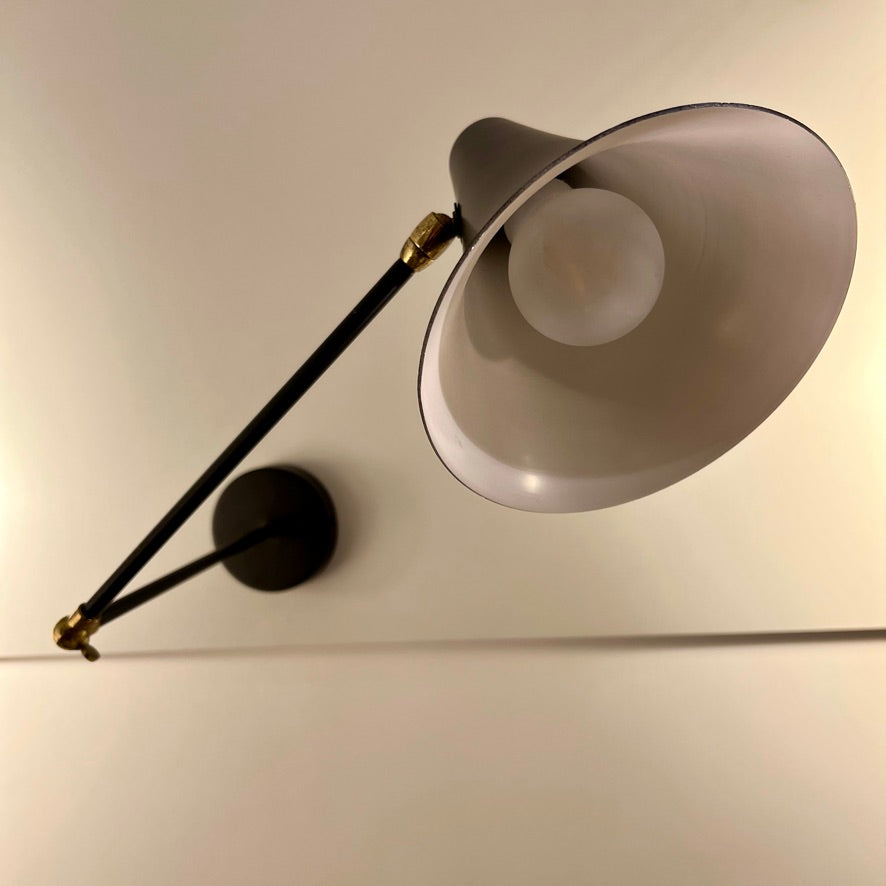 Pair of Wall Lights in Black and White Lacquered Metal and Brass, circa 1950