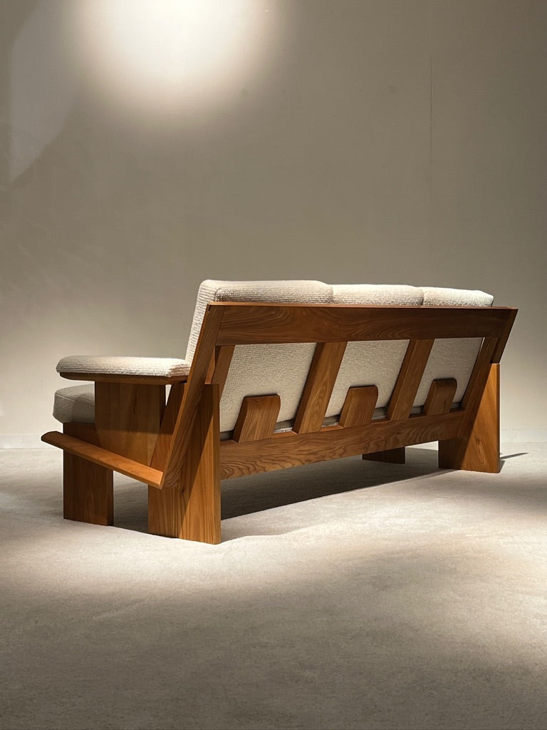 Solid Elm Wood Sofa and Pair of Armchairs, circa 1970s
