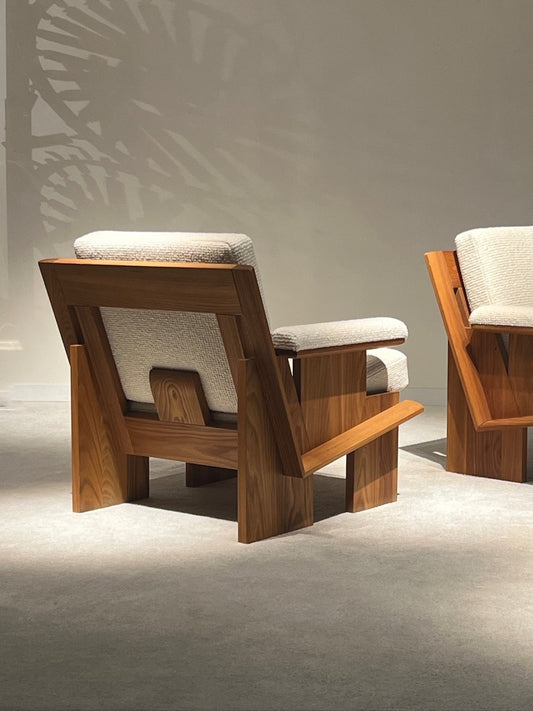Solid Elm Wood Sofa and Pair of Armchairs, circa 1970s