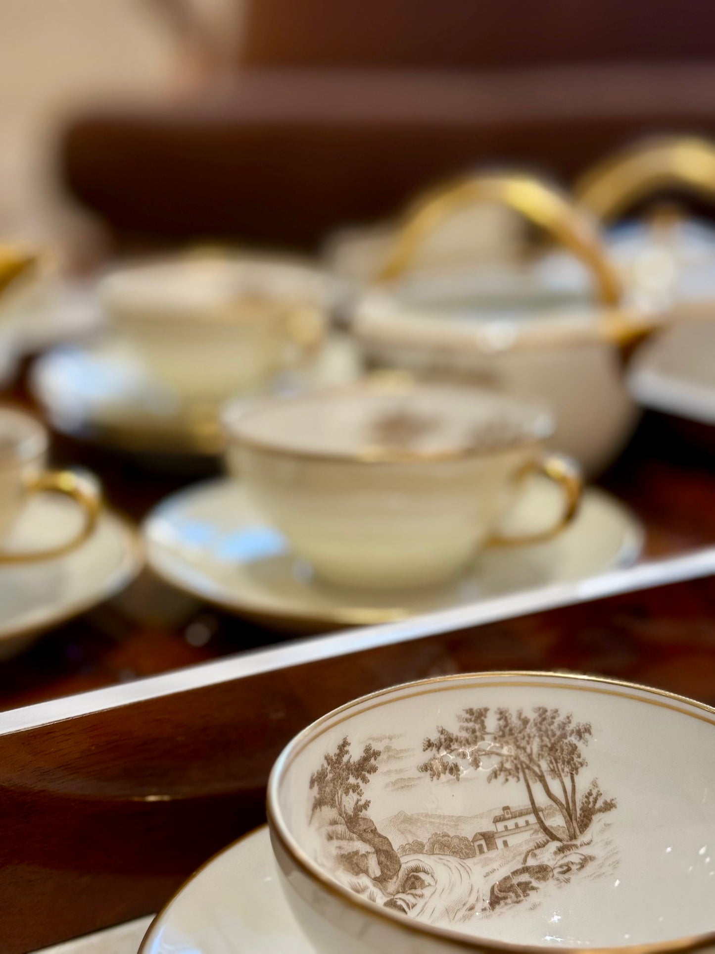 Limoges Porcelain Tea Set with Landscape Scenes, circa 1950