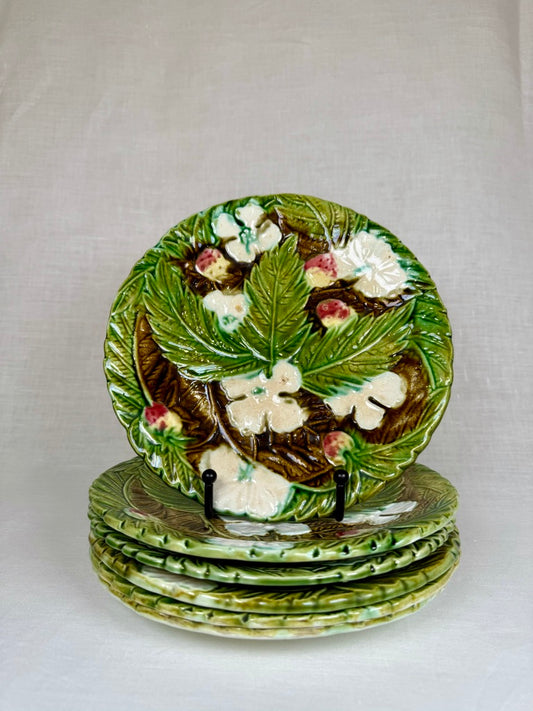 Set of 6 French Barbotine Plates with Floral and Leaf Motifs, 1900s