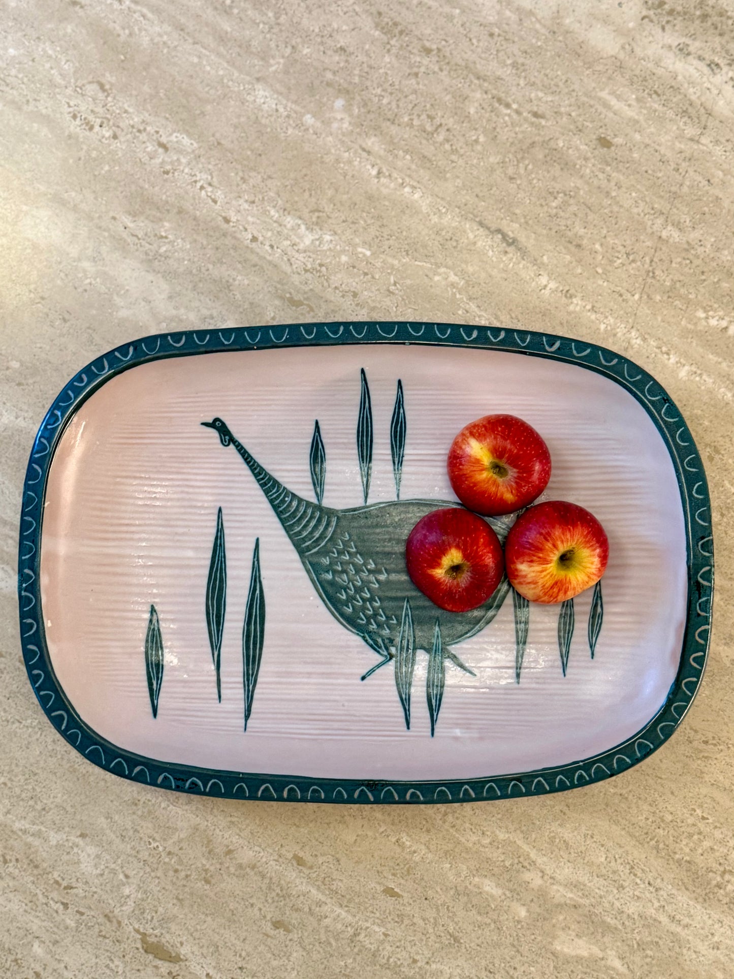 Large Rectangular Ceramic Platter with Bird Motif