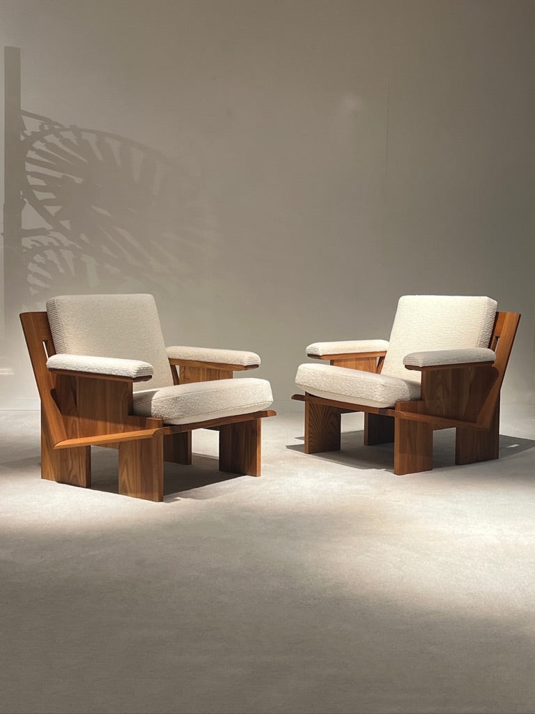 Solid Elm Wood Sofa and Pair of Armchairs, circa 1970s