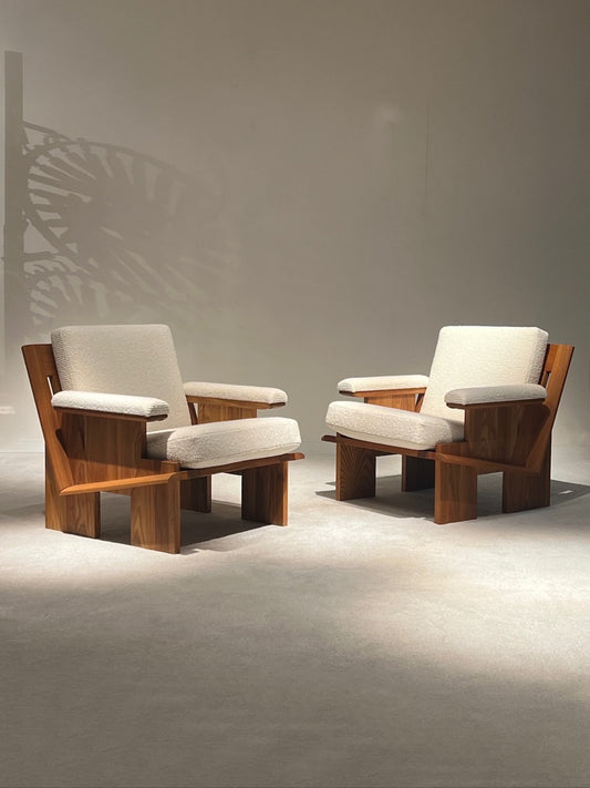 Solid Elm Wood Sofa and Pair of Armchairs, circa 1970s