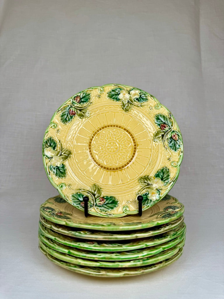 Set of 7 French Barbotine Dessert Plates with Floral and Scroll Motif, 1900s