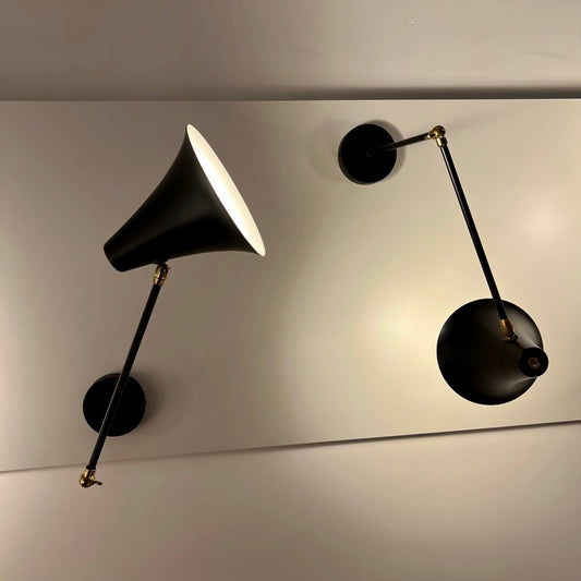 Pair of Wall Lights in Black and White Lacquered Metal and Brass, circa 1950