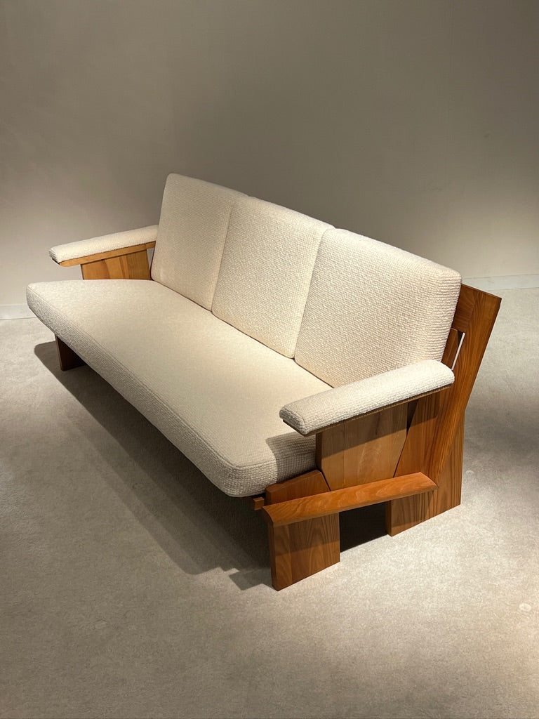Solid Elm Wood Sofa and Pair of Armchairs, circa 1970s