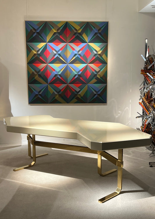 Ivory Lacquered Wood Desk with Solid Brass Base by Robert Haussmann, 1970