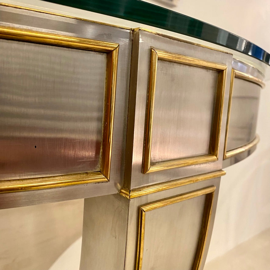 Wall-Mounted Console in Stainless Steel and Brass with Glass Top, Maison Jansen, circa 1970s