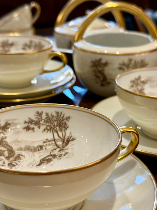 Limoges Porcelain Tea Set with Landscape Scenes, circa 1950