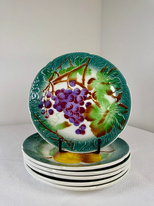 Set of 6 French Majolica Dessert Plates – Grapes & Mirabelles, circa 1900