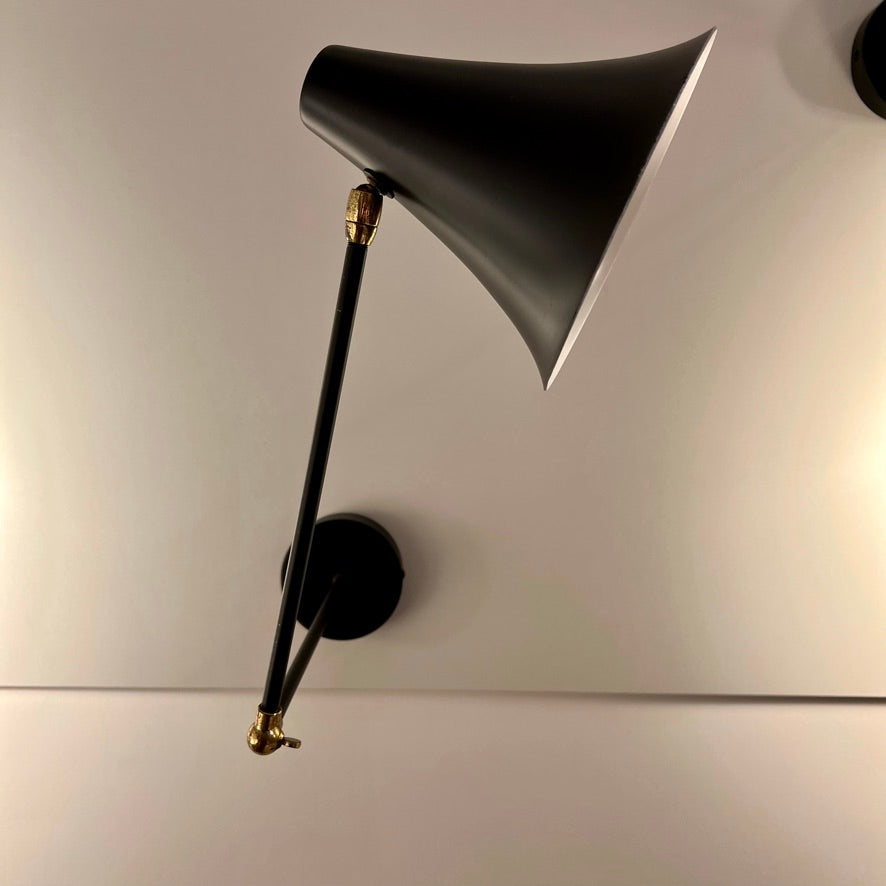 Pair of Wall Lights in Black and White Lacquered Metal and Brass, circa 1950