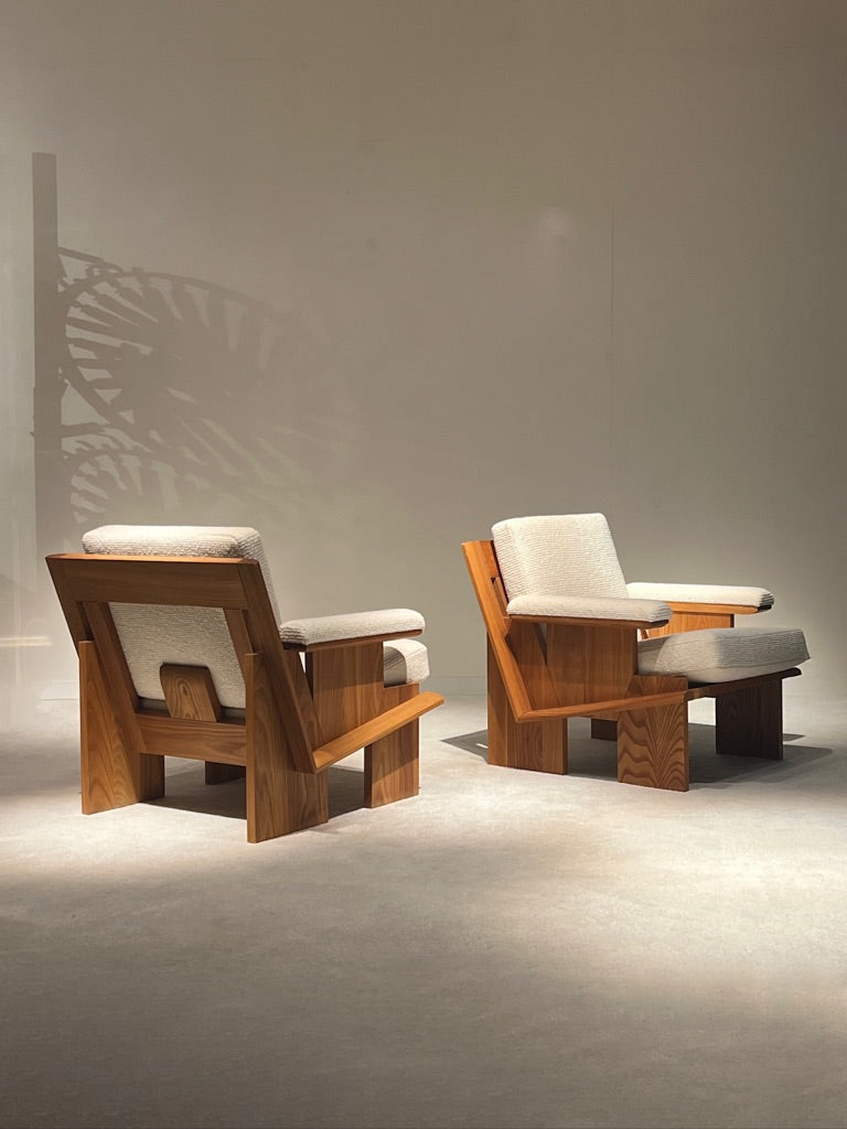 Solid Elm Wood Sofa and Pair of Armchairs, circa 1970s