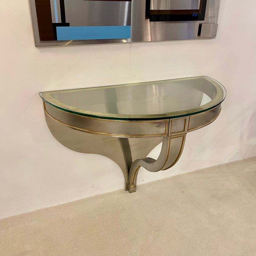 Wall-Mounted Console in Stainless Steel and Brass with Glass Top, Maison Jansen, circa 1970s