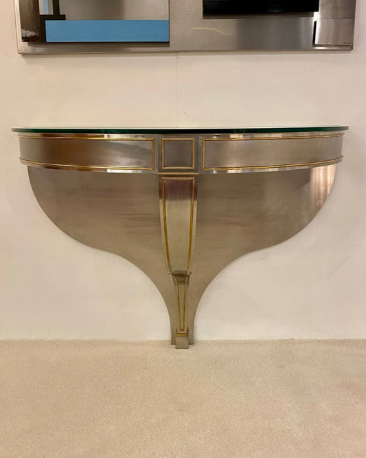 Wall-Mounted Console in Stainless Steel and Brass with Glass Top, Maison Jansen, circa 1970s