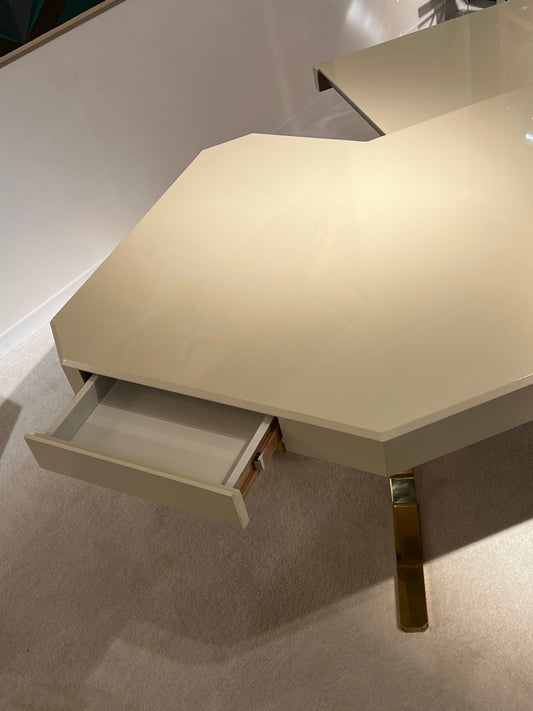 Ivory Lacquered Wood Desk with Solid Brass Base by Robert Haussmann, 1970