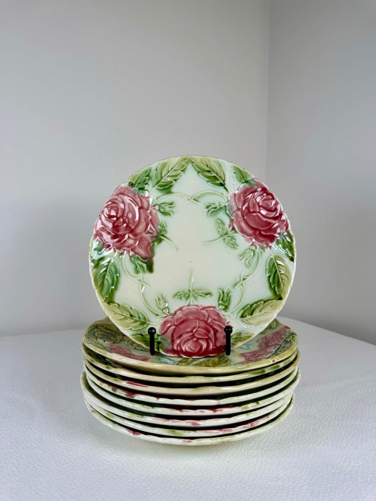 Set of 6 French Majolica Dessert Plates with Pink Roses, circa 1900