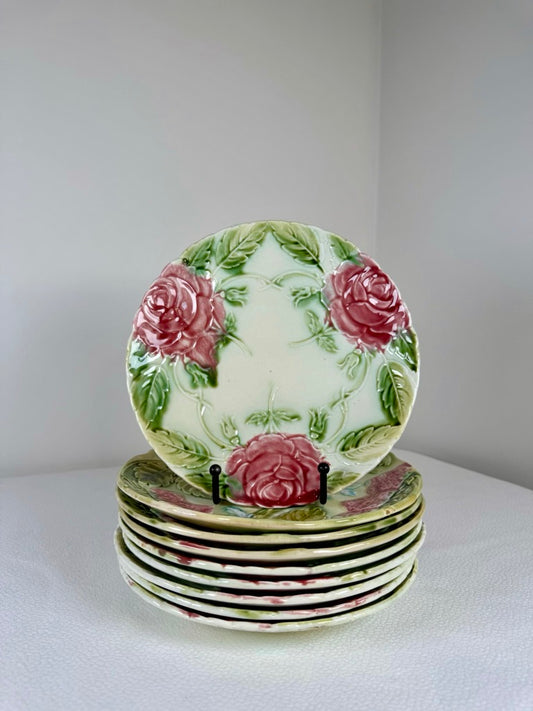 Set of 6 French Majolica Dessert Plates with Pink Roses, circa 1900
