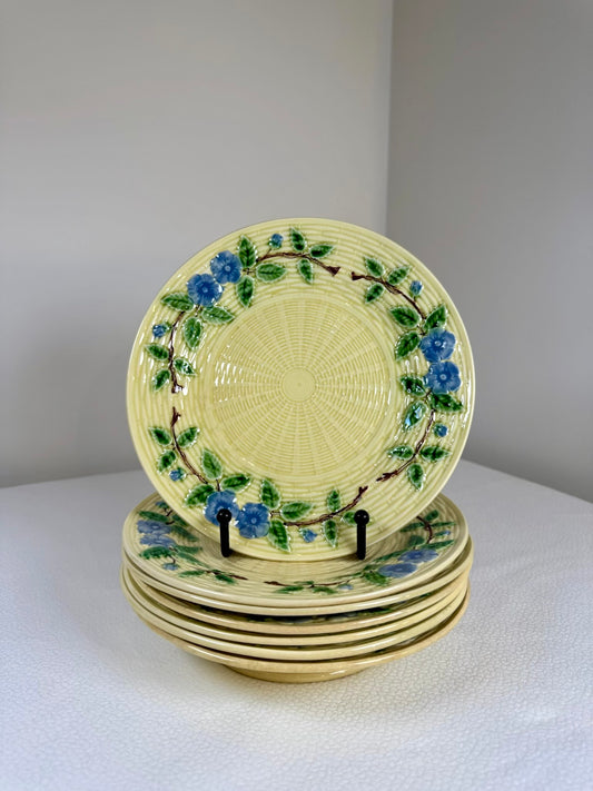 Set of 6 French Majolica Plates with Blue Floral Garland, circa 1900