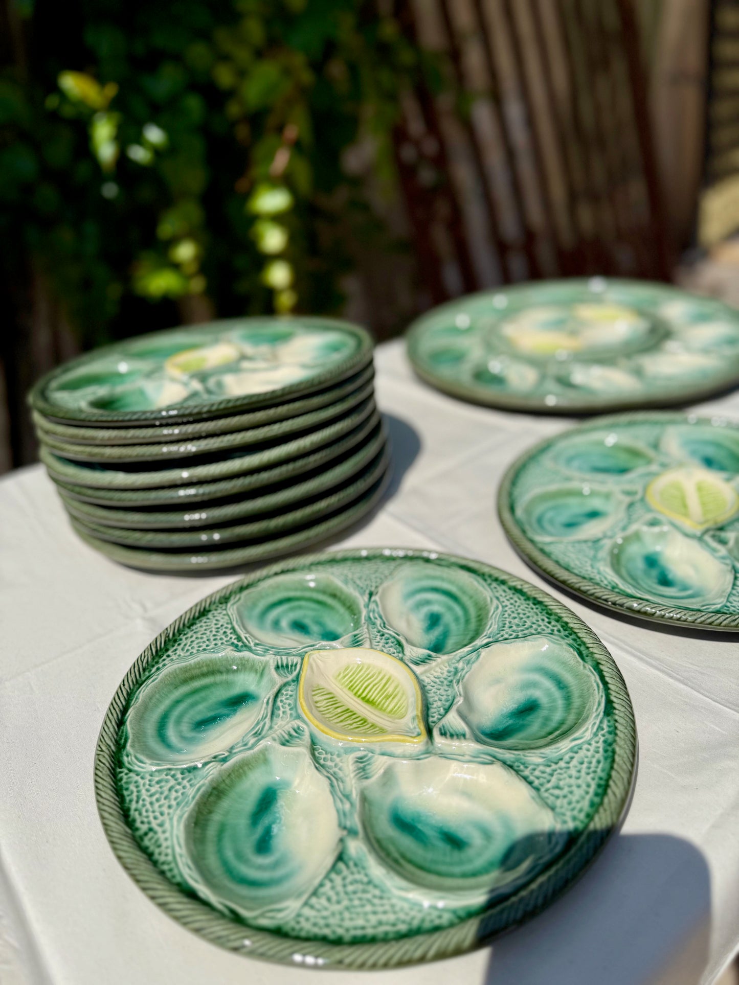Vintage French oyster plate set, Sarreguemines, France, circa 1950