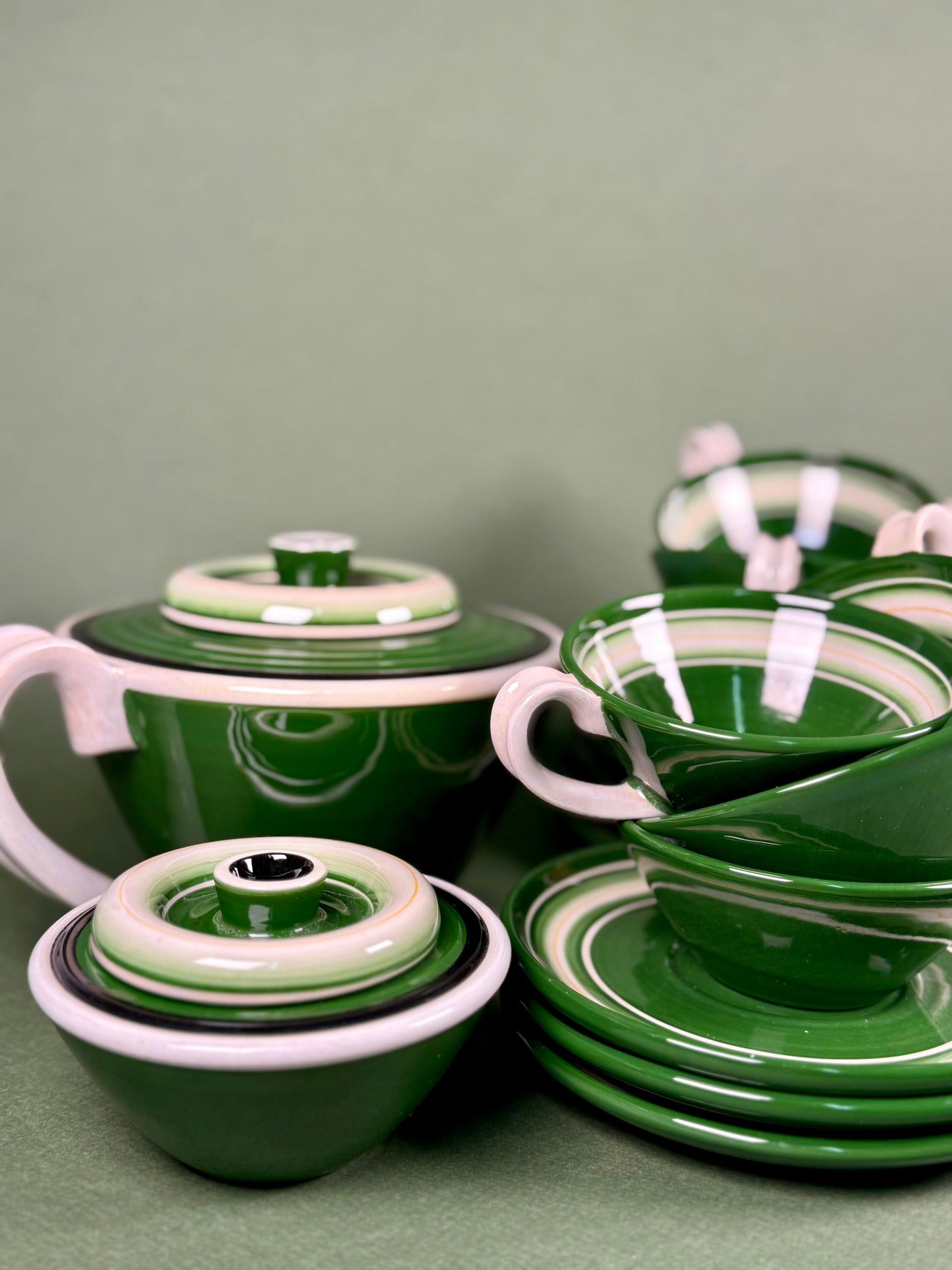 Vintage Italian Green Ceramic Coffee Set, circa 1940