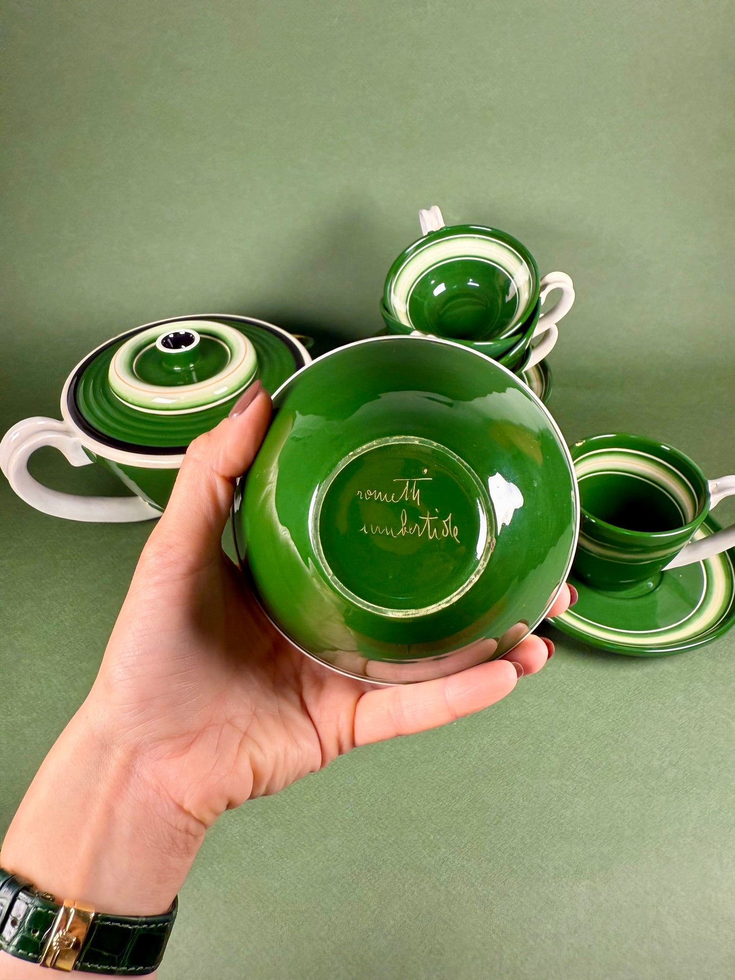 Vintage Italian Green Ceramic Coffee Set, circa 1940